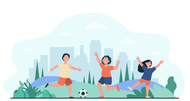 Happy active children playing football outdoors Happy active children playing football outdoors flat vector illustration. Cartoon child characters running with soccer ball. Sport game and playground concept for children stock illustrations