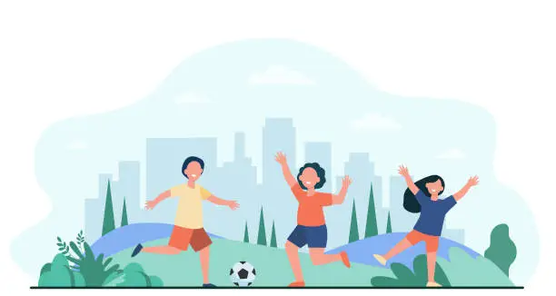 Vector illustration of Happy active children playing football outdoors