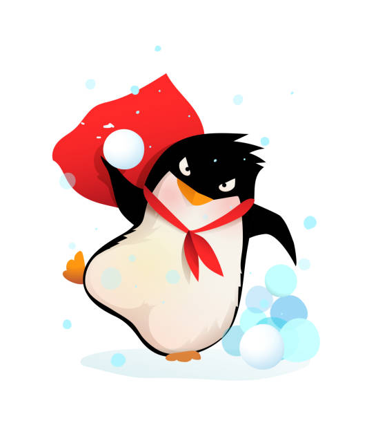 Angry Penguin in Hat Playing Throwing Snowballs Angry penguin throwing snowballs, aiming and playing with snow. Kids and nursery winter joy and fun animal illustration, vector cartoon in watercolor style. penguins fighting stock illustrations