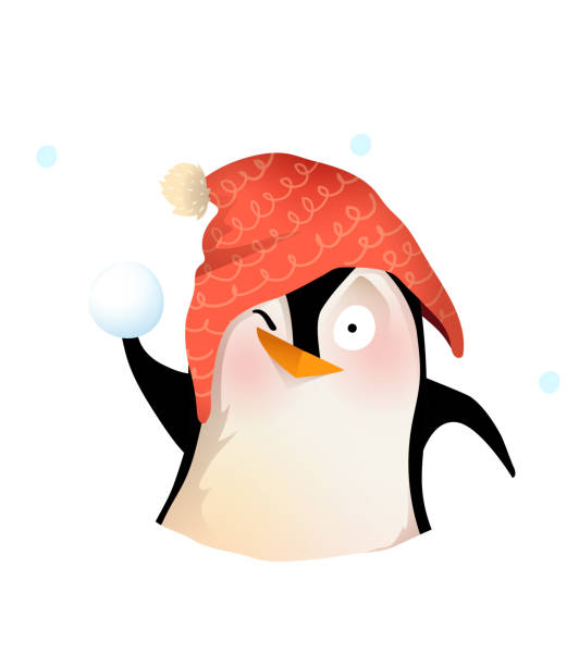 Winter Penguin in Hat Playing Throwing Snowballs Cute penguin throwing snowballs, aiming and playing with snow. Kids and nursery winter joy and fun animal illustration, vector cartoon in watercolor style. penguins fighting stock illustrations