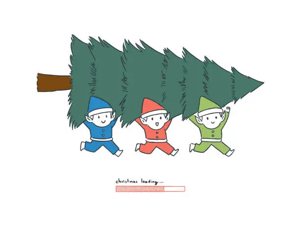 Vector illustration of Happy elf carrying Christmas tree with loading bar, countdown concept, hand-drawn line art style vector illustration.