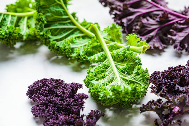 istock Green and purple kale leaves on white marble background. 1283713237