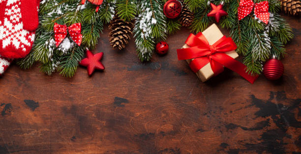 istock Christmas greeting card with fir tree and decor 1283715104