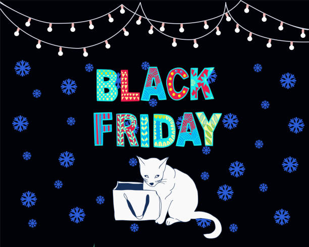 black friday sale banner background cute cat and paper bag. vector art illustration