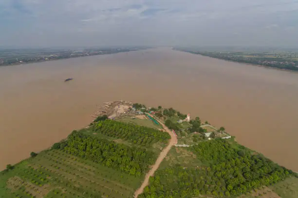 Koh Dach - Silk Island, Island on Mekong river in Phnom Penh Cambodia Asia Aerial Drone Photo view