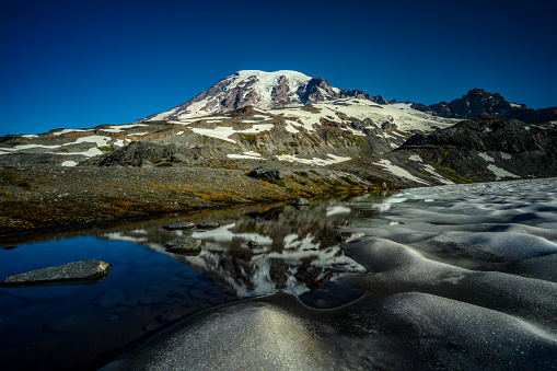 Mt Rainier Reflects in Glacial Melt in alpine field