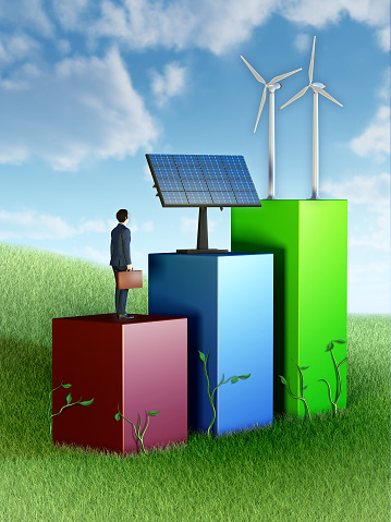 Graph showing business growth through investment in renewable energies. 3D illustration