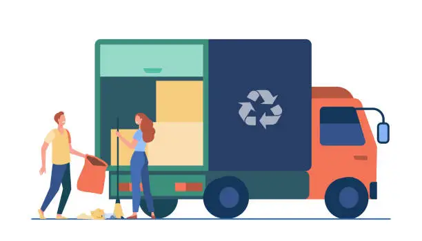 Vector illustration of People loading garbage into truck