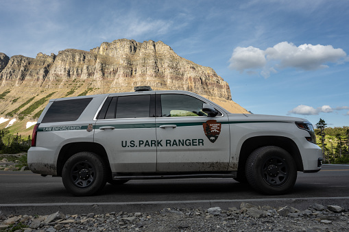 Glacier National Park, Montana, US: July 21, 2020: US Park Ranger Vehicle patrolling the Going to the Sun Road