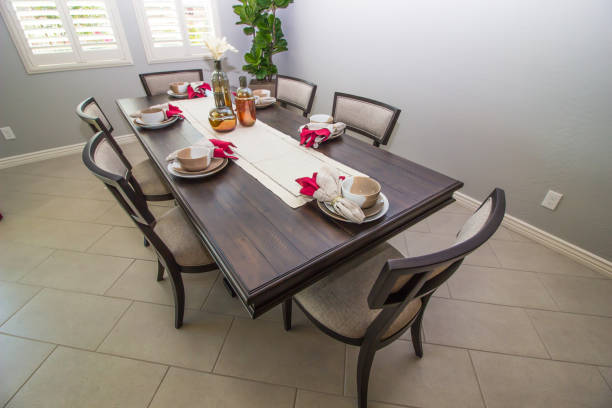 dining area table with six chairs & table settings - two tone imagens e fotografias de stock