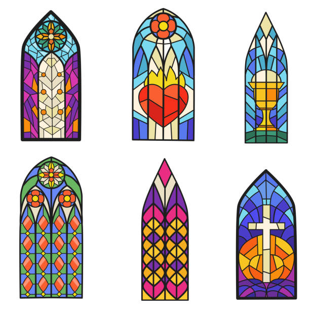 Gothic colorful stained glass windows flat item set Gothic colorful stained glass windows flat item set. Cartoon fantasy drawn pointed arch for paper book isolated on white background vector illustration collection. Old style and art concept multiple churches stock illustrations