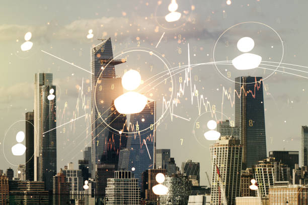 Abstract virtual social network concept on New York city skyline background. Multiexposure