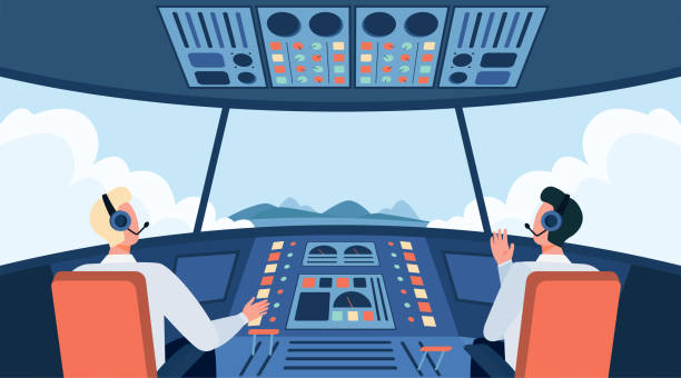 Colorful airplane cockpit isolated flat vector illustration Colorful airplane cockpit isolated flat vector illustration. Two cartoon pilots sitting inside plane cabin in front of control panel. Flight crew and aircraft concept cockpit stock illustrations