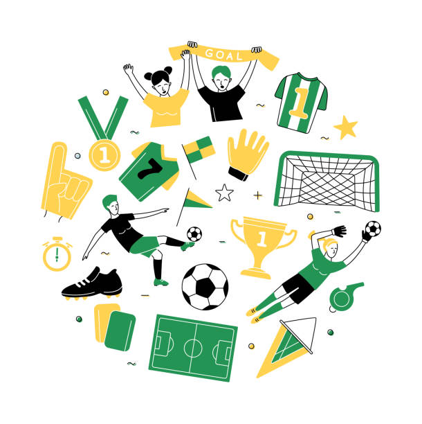 Female Soccer football player game match background pattern. Female Soccer football world championship women player game match soccer fans thin line outline icons background pattern. Vector illustration doodles in linear style. Black, green and yellow soccer clipart stock illustrations