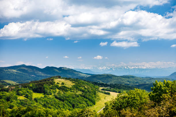 french nature rolling landscape in spring with green hills and alps mountains - france european alps landscape meadow imagens e fotografias de stock