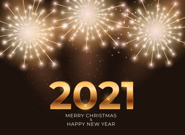 istock 2021 New Year and Merry Christmas Background with Glossy Fireworks. Vector Illustration 1283726159