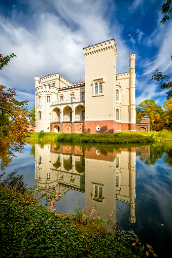 Kornik, Poland - September 20,2020:The origins of the castle date back to the Middle Ages, its present shape comes from the mid-nineteenth century, referring to the English Gothic Revival, Wielkopolska, Poland