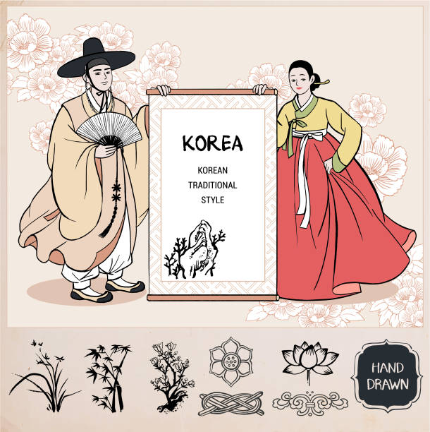 ilustrações, clipart, desenhos animados e ícones de casal vestindo roupas tradicionais coreanas, hanbok. homens e mulheres segurando bandeira. fundo de padrão de flores. ilustração de vetor / desenhado à mão. - couple love old fashioned traditional culture