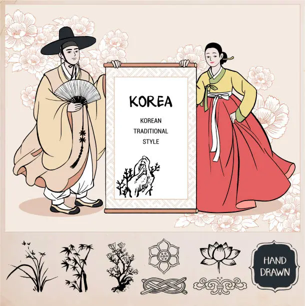 Vector illustration of Couple wearing Korean traditional clothes, Hanbok. men and women holding banner. Flower pattern background. Hand drawn / Vector illustration.