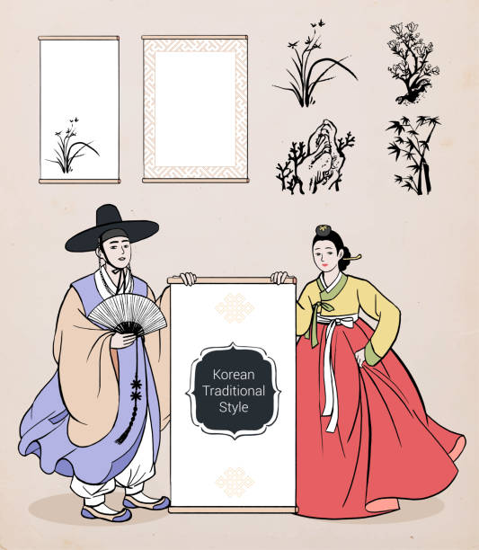 ilustrações, clipart, desenhos animados e ícones de casal vestindo roupas tradicionais coreanas, hanbok. homens e mulheres segurando bandeira. fundo de padrão de flores. ilustração de vetor / desenhado à mão. - couple love old fashioned traditional culture