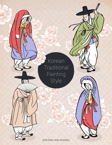 ludzie ubrani w koreańskie tradycyjne ubrania, hanbok. ręcznie rysowane ilustracje wektorowe. - couple love old fashioned traditional culture stock illustrations