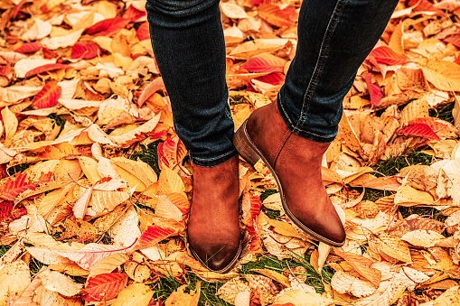 Womanâs legs in brown leather ankle boots and dark blue jeans outdoor on the colorful autumn leaves background. Female casual seasonal fashion and footwear. Free copy (text) space.