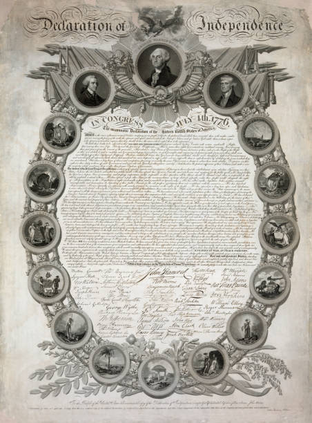 Declaration of Independence Vintage image features a lavishly designed engraving of the Declaration of Independence in an ornamental oval frame with medallions of seals of the thirteen original colonies, and medallion portraits of John Hancock, George Washington, and Thomas Jefferson. us president stock illustrations