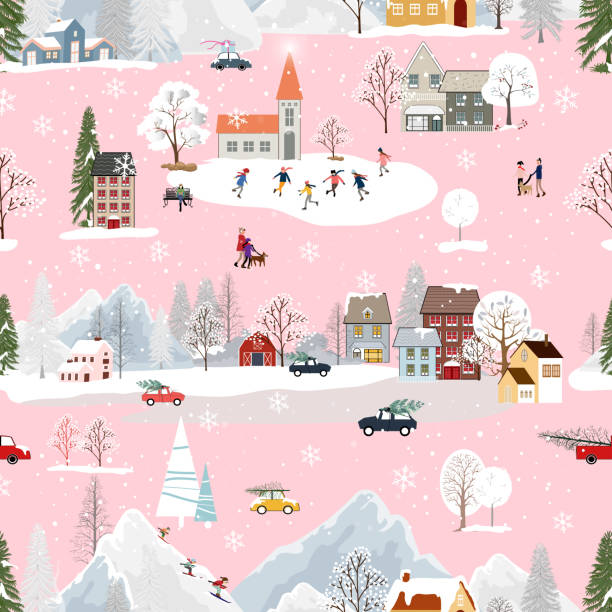 ilustraciones, imágenes clip art, dibujos animados e iconos de stock de paisaje de navidad sin costuras en la ciudad con casas de cuento de hadas, copos de nieve, árboles de navidad con decoraciones, vector patrón de país de las maravillas de invierno en el pueblo con gente feliz jugando al patinaje sobre hielo - eco tourism