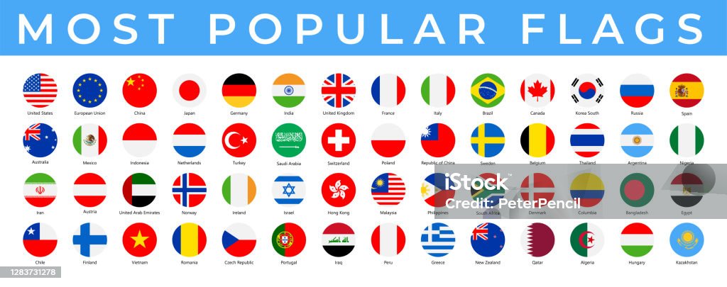 Мировые флаги - Вектор круглые плоские иконы - Самые популярные - Векторная графика Флаг роялти-фри