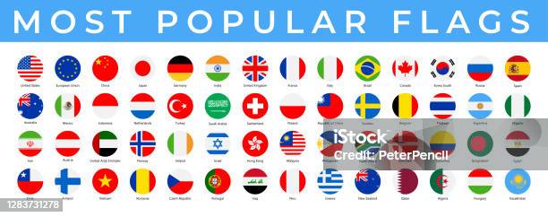 Мировые Флаги Вектор Круглые Плоские Иконы Самые Популярные — стоковая векторная графика и другие изображения на тему Флаг