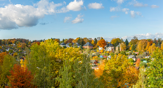 Panoramic view of a European neighborhood in Autumn