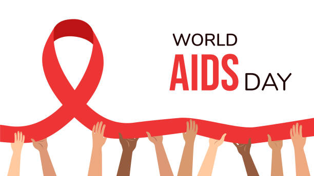 światowy dzień walki z aids. ręce różnych narodowości posiadają czerwoną wstążkę. koncepcja szablonu strony docelowej. projekt świadomości aids dla plakatów, banerów, t-shirtów. ilustracja wektorowa - world aids day stock illustrations