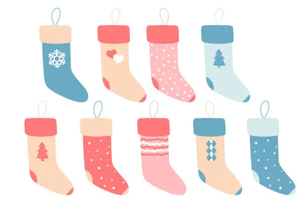 Vector illustration of Christmas socks, collection of vector icons.