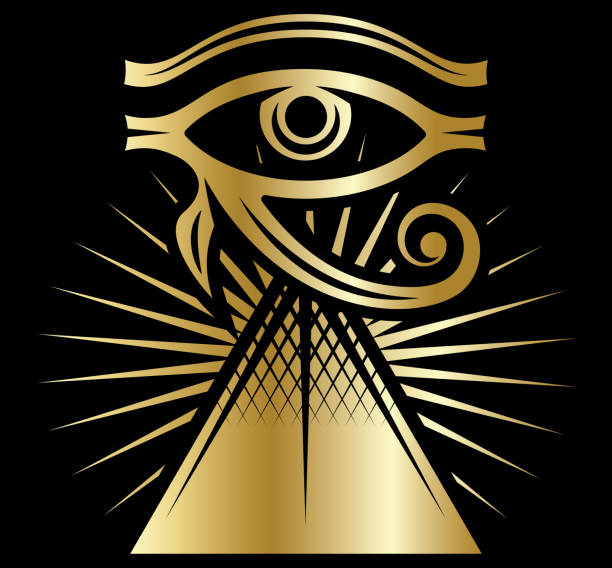 The Eye of Horus with rays of Sun and pyramid.. Ancient symbol pattern. Vector color illustration. Black background The Eye of Horus with rays of Sun and pyramid.. Ancient symbol pattern. Vector color illustration. Black background. illuminati stock illustrations