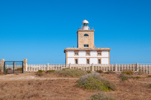 The lighthouse of Cabo de Santa Pola is located in Cabo de Santa Pola, Alicante, from where it dominates both the bay of Alicante and the orchard of Elche and the island of Tabarca