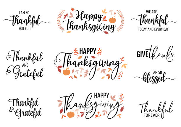 Thanksgiving cards, vector set Happy Thanksgiving, handwritten quotes, headlines for cards, hand lettering, vector set of graphic design elements happy thanksgiving stock illustrations