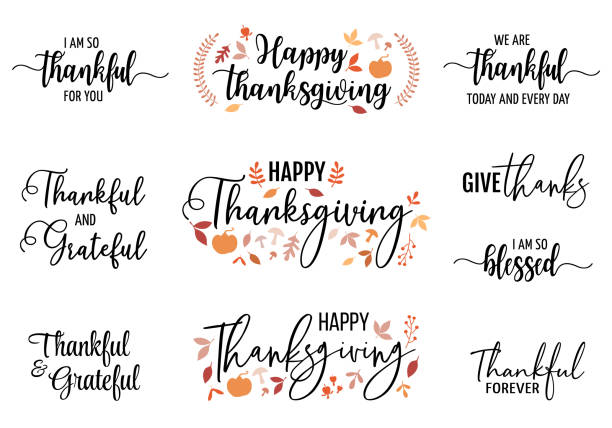Thanksgiving cards, vector set Happy Thanksgiving, handwritten quotes, headlines for cards, hand lettering, vector set of graphic design elements recognition quotes stock illustrations