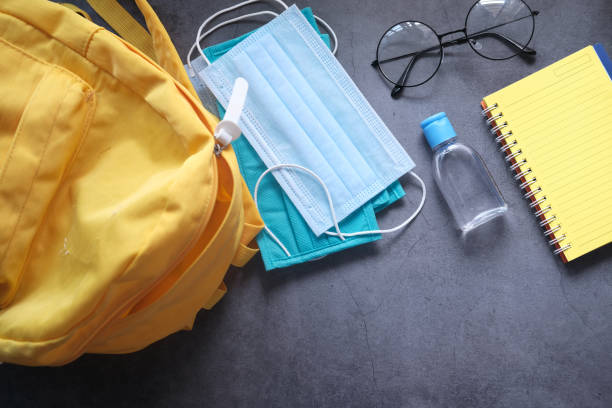 istock Student school bag pack with sanitizer, a face mask. 1283739413