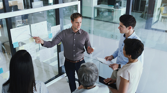Shot of a group of businesspeople brainstorming with notes on a glass screen in an office