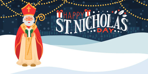 Saint Nicholas holding gift. Saint Nicholas holding gift. St. Nicolas in the winter city with greeting lettering. saint nicholas day stock illustrations
