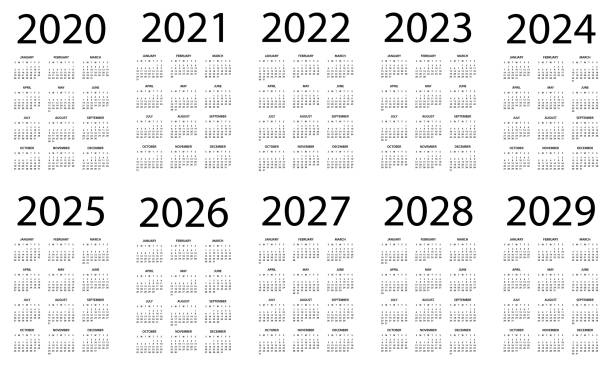 illustrazioni stock, clip art, cartoni animati e icone di tendenza di calendario 2020 2021 2022 2023 2024 2025 206 2027 2028 2029 - illustrazione del layout symple. la settimana inizia la domenica. calendario 2020 2021 2022 2023 2024 2025 2026 2027 2028 anni 2029 - 2020 2029