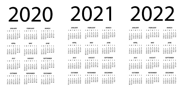 Calendar 2020 2021 2022 - Symple Layout Illustration. Week starts on Sunday. Calendar Set for 2020 2021 2022 years