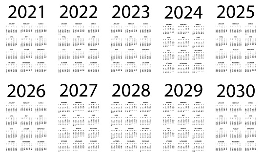 Calendar 2021 2022 2023 2024 2025 206 2027 2028 2029 2030 - Symple Layout Illustration. Week starts on Sunday. Calendar Set for 2020 2021 2022 2023 2024 2025 2026 2027 2028 2029 years
