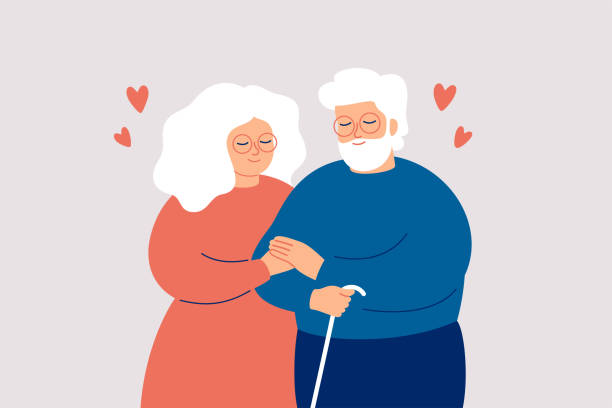 Elderly couple hold with hands. Senior man and woman stand together and embrace each other with love and care. Concept of medical insurance and help to mature people. Elderly couple hold with hands. Senior man and woman stand together and embrace each other with love and care. Concept of medical insurance and help to mature people. Vector illustration old person cartoon stock illustrations
