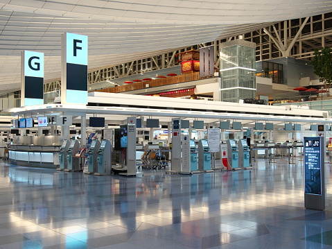 Tokyo,Japan-October 30, 2020: Vacant Haneda Airport Terminal 1 Check-in counters