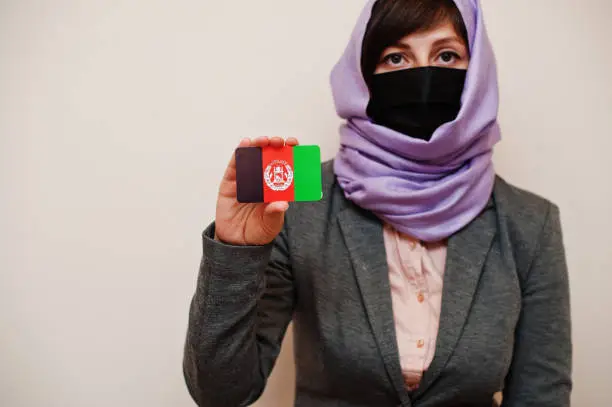 Portrait of young muslim woman wearing formal wear, protect face mask and hijab head scarf, hold Afghanistan flag card against isolated background. Coronavirus country concept.