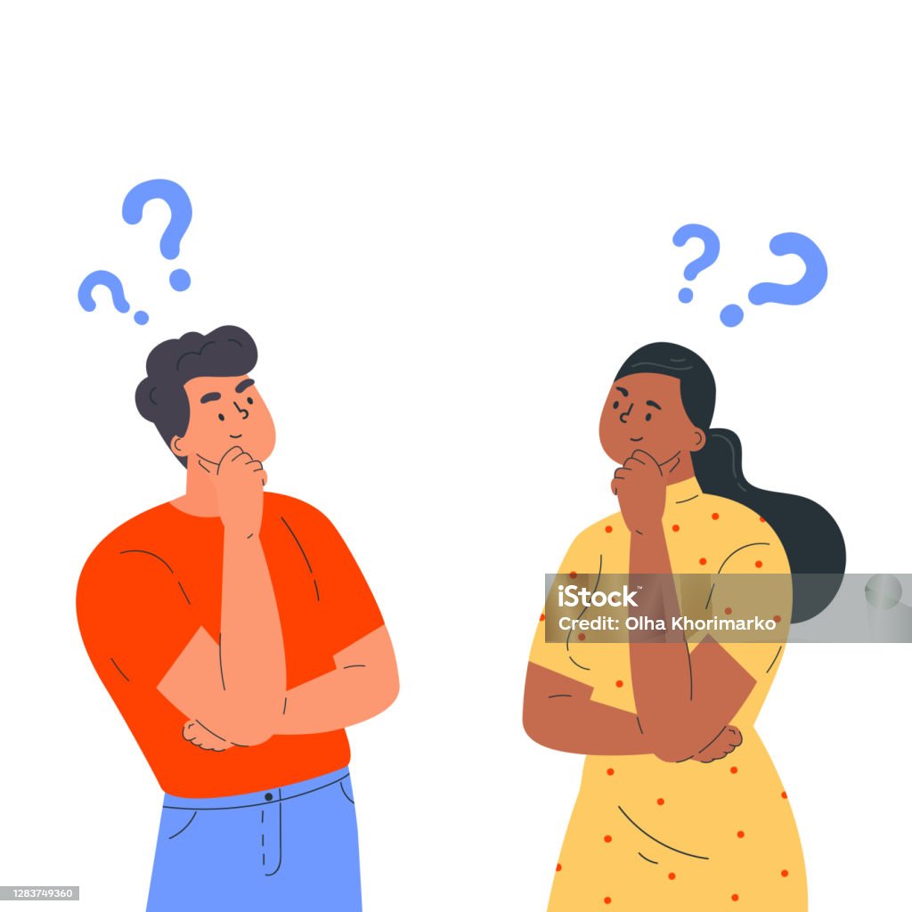 Couple of man and woman having a question Couple of man and woman having a question. Male and female characters standing in thoughtful pose holding chin and question marks above their head. Quarrel, doubts or interest in relationship. Vector Contemplation stock vector