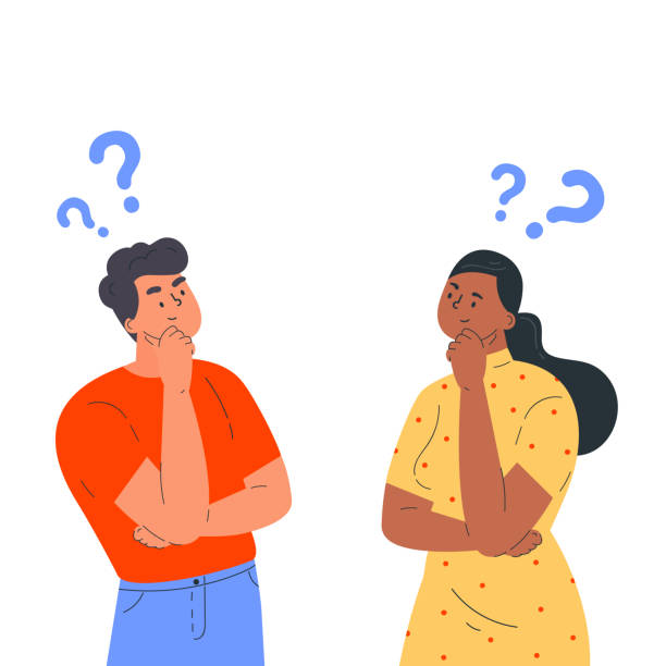 Couple of man and woman having a question Couple of man and woman having a question. Male and female characters standing in thoughtful pose holding chin and question marks above their head. Quarrel, doubts or interest in relationship. Vector uncertainty stock illustrations