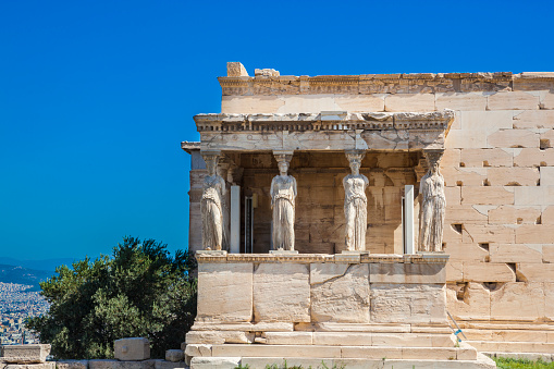 Statues of the Caryatids of the Erechtheum temple on Acropolis, Athens, Greece.