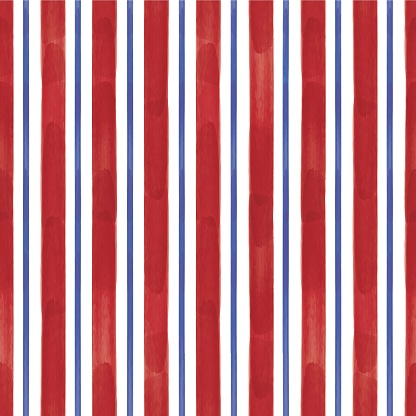 Vector watercolor painted red blue lines, striped modern white seamless pattern. Great for projects, wallpapers, home decor and fabrics.